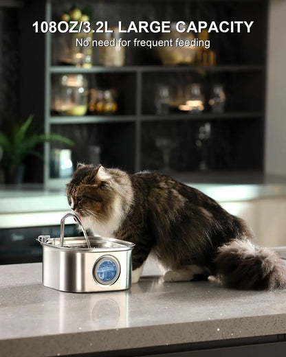 3.2L Cat Water Fountain Pet Water Fountain Stainless Steel Dog Water Dispenser Automatic Cat Fountain with Level Window for Cats